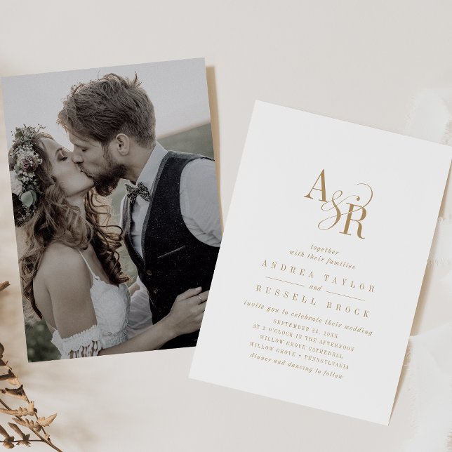 ANDREA Monogram Gold Einfache Minimale Foto Hochze Einladung (ANDREA Monogram Gold Simple Minimal Photo Wedding Invitation)