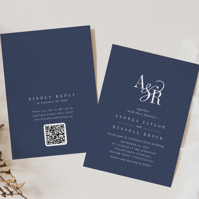 ANDREA Navy Blue QR Code Classic Elegant Wedding Einladung (ANDREA Navy Blue QR Code Classic Elegant Wedding Invitation)