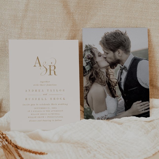 ANDREA Neutral Gold Cream Elegantes Foto Hochzeit Einladung (ANDREA Neutral Gold Cream Elegant Photo Wedding Invitation)