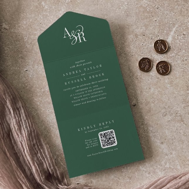 ANDREA QR Code Dark Green Simple Minimal Wedding All In One Einladung (ANDREA QR Code Dark Green Simple Minimal Wedding All In One Invitation)