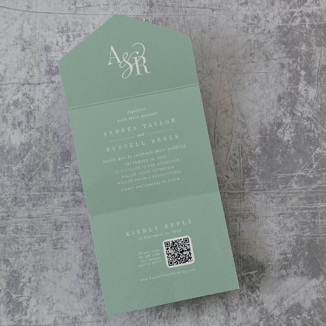 ANDREA QR Code Sage Green Simple Minimal Wedding All In One Einladung (ANDREA QR Code Sage Green Simple Minimal Wedding All In One Invitation)