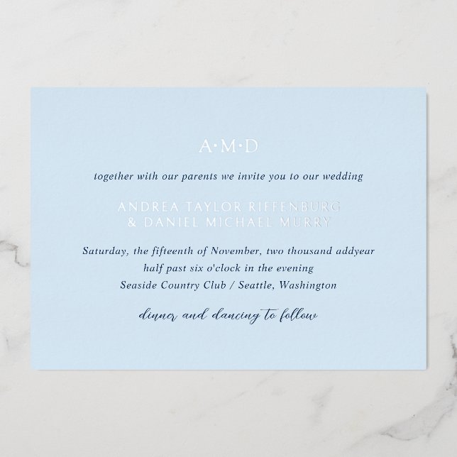 Andrea Sky Blue Elegant Wedding Folieneinladung (Vorderseite)