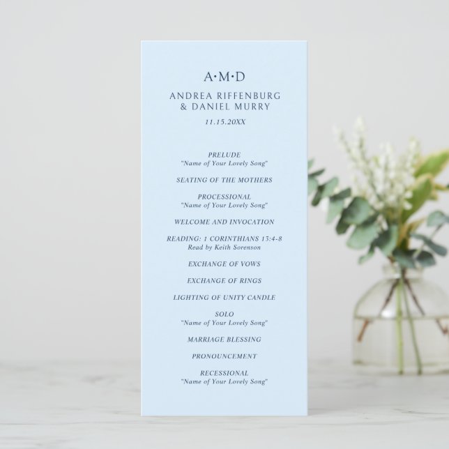 Andrea Sky Blue Elegant Wedding Programm (Stehend Vorderseite)