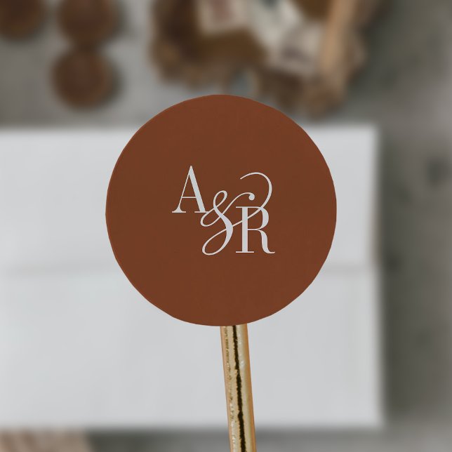ANDREA Terracotta Modern Simple Wedding Monogram Runder Aufkleber (ANDREA Terracotta Modern Simple Wedding Monogram Classic Round Sticker)