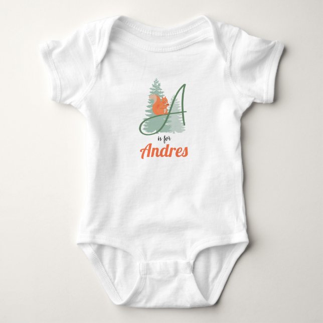 Andres Name Reveal Letter A Woodland Boy Eichhörnc Baby Strampler (Vorderseite)