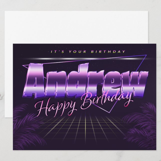 Andrew Nom prénom carte rétro lilas Anniversaire (Devant / Derrière)