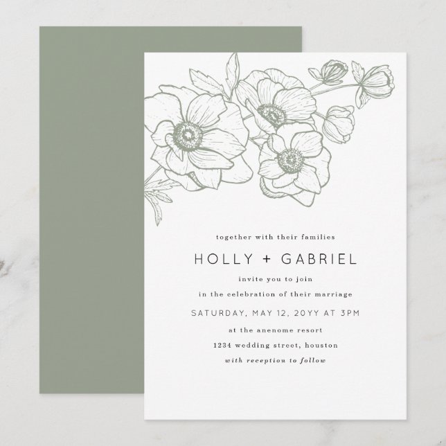 Anemone Bouquet Wedding Einladung (Vorne/Hinten)