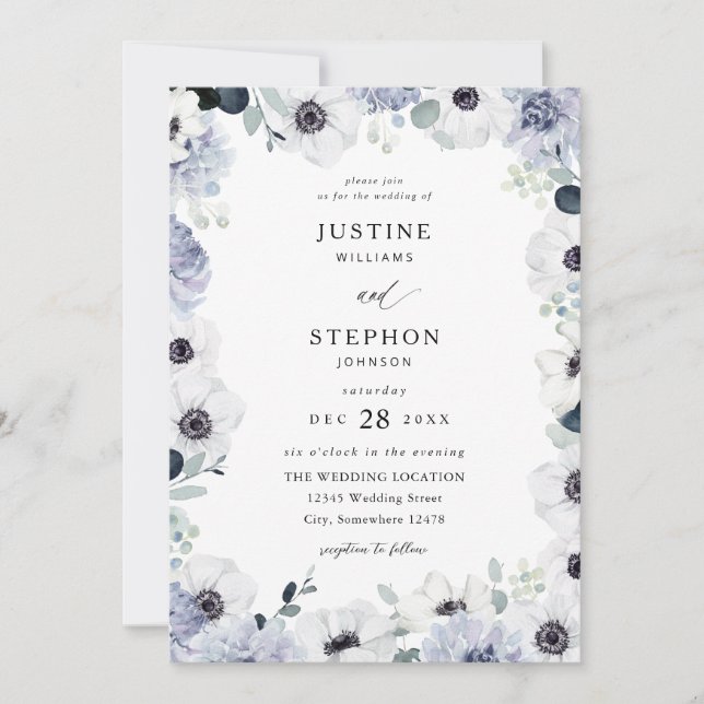 Anemone & Eukalyptus Winter White Floral Wedding Einladung (Vorderseite)