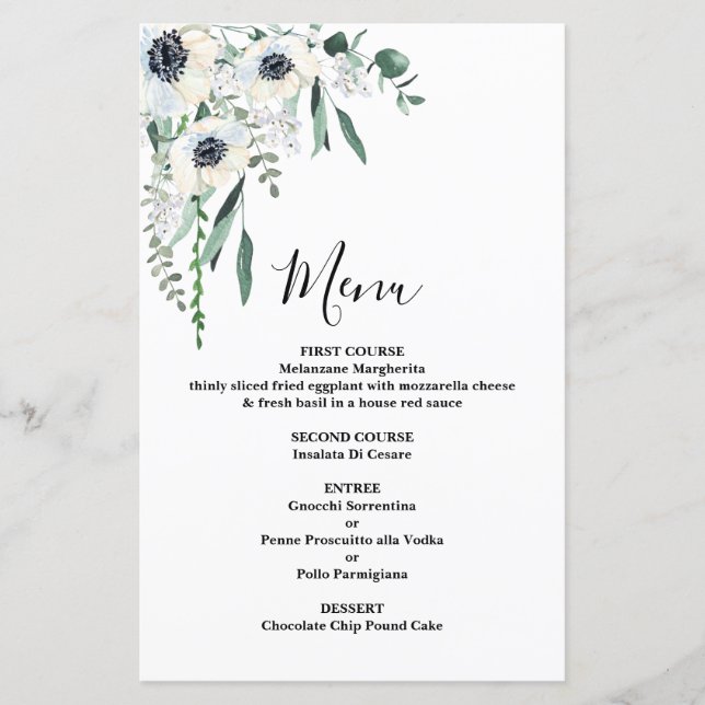 Anemone Floral Wedding Menu Card (Vorderseite)