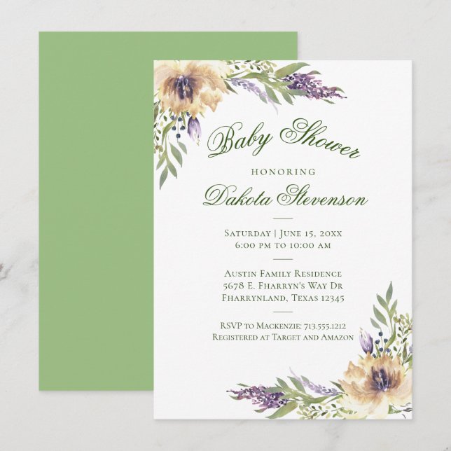 Anemone Greenery Floral Boho Chic Baby Shower Einladung (Vorne/Hinten)