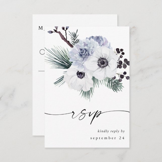 Anemone Hiver Blanc Floral no Repas RSVP (Devant / Derrière)