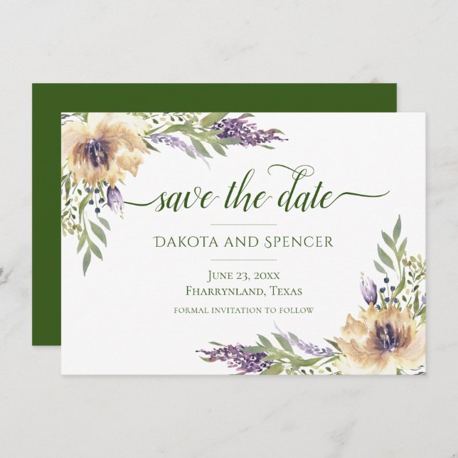 Anemone Lavender Lila Creme Boho Grüne Blüte Save The Date (Vorne/Hinten)