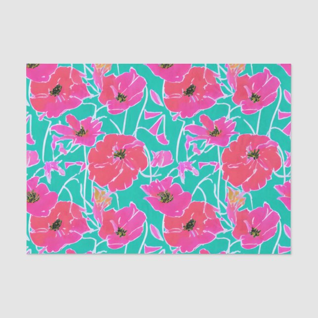 Anemone Malmuster Pink & Aqua Floral Seidenpapier (Vorderseite)