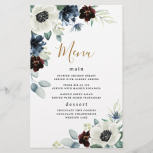 Anemone Navy Blue Burgundy Boho Mariage Carte Menu