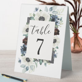 Anemone Navy Blue und Burgundy Boho Wedding Number Tischaufsteller