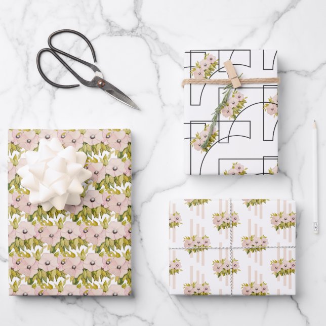 Anemone Pink Blume Aquarell Handgestrichen Geschenkpapier Set (Vorderseite)