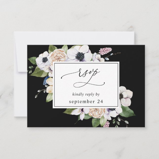 Anemone White Floral w Meal UAWG 2 - Black RSVP Karte (Vorderseite)