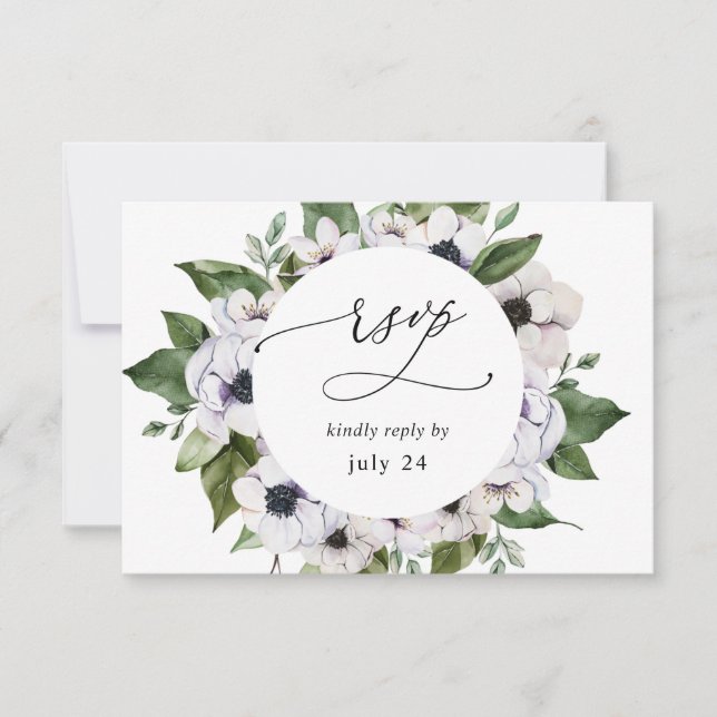 Anemone White Floral w Meal UAWG RSVP Karte (Vorderseite)