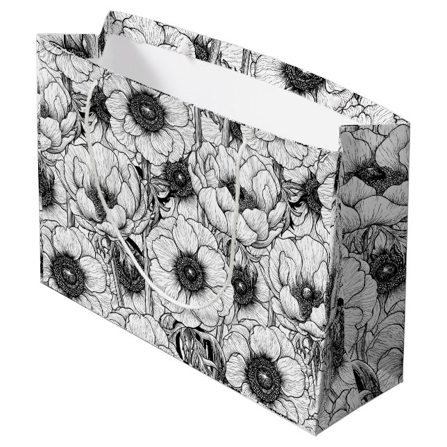 Anemonengarten in Schwarzweiß Große Geschenktüte (Rückseite Schrägansicht)