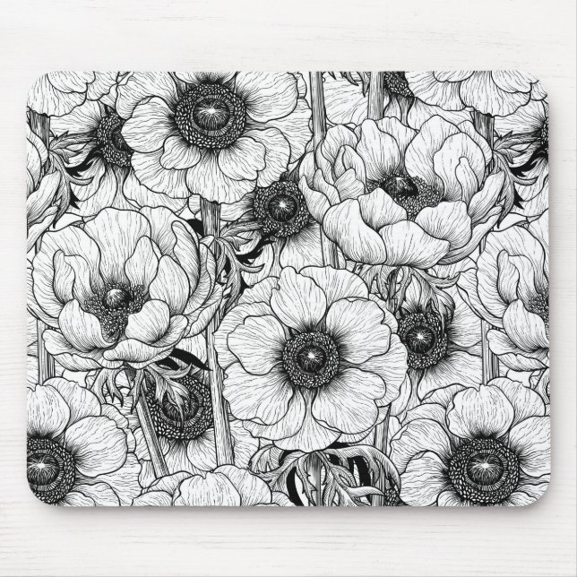 Anemonengarten in Schwarzweiß Mousepad (Vorne)