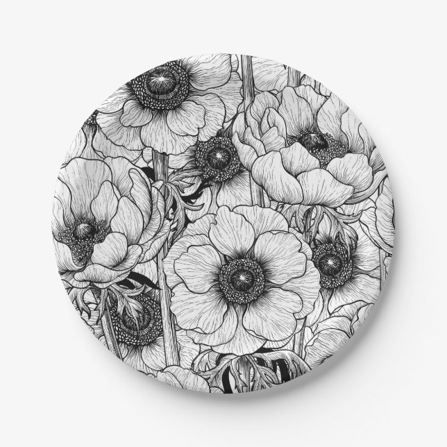 Anemonengarten in Schwarzweiß Pappteller (Vorderseite)