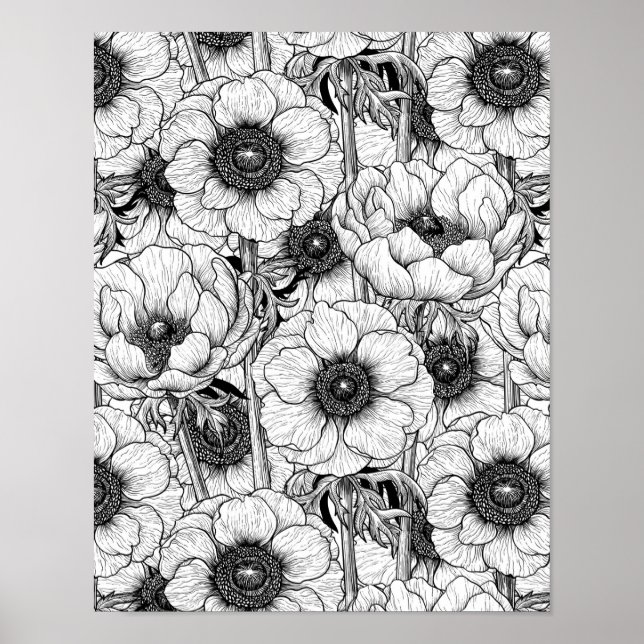 Anemonengarten in Schwarzweiß Poster (Vorne)