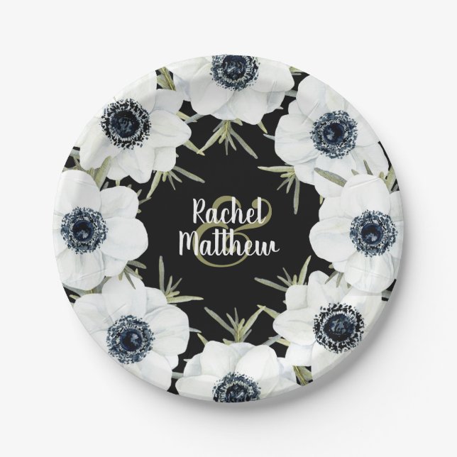 Anemones Floral Wedding Black and White Pappteller (Vorderseite)