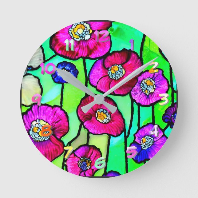 Anemones Glaskunst Runde Wanduhr (Vorderseite)