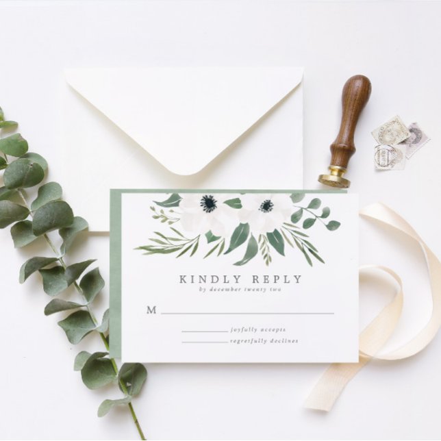 Anemones Sage & Dusty Green Eucalyptus Wedding RSVP Karte (Von Creator hochgeladen)