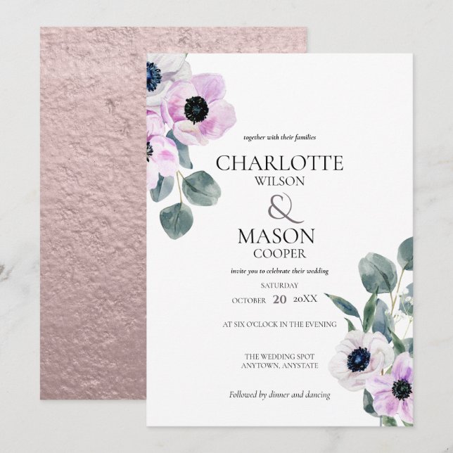 Anemones Watercolor Blume Hochzeit Einladungen (Vorne/Hinten)