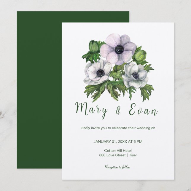 Anemonische Blume sind lila-graue Hochzeit Einladung (Vorne/Hinten)