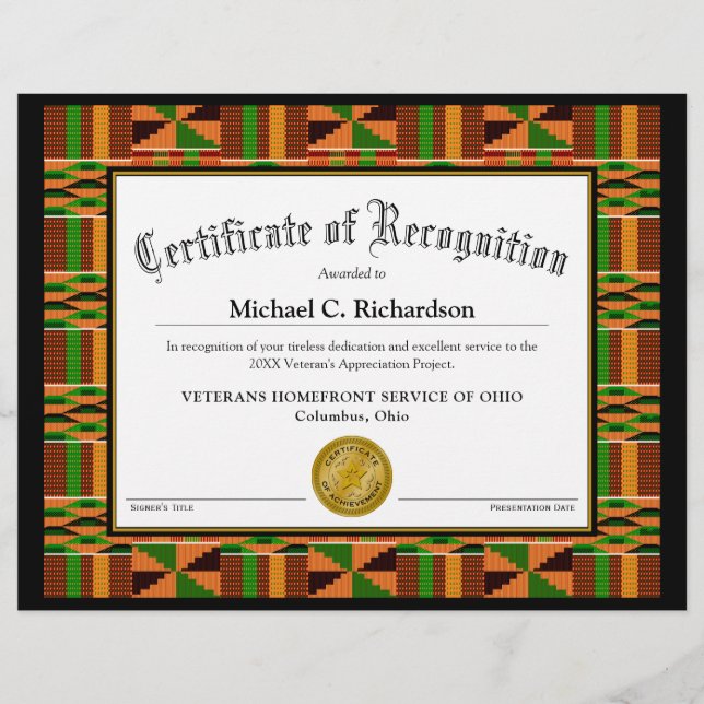 Anerkennungszeugnis afrikanischer Kente Tuch K47 (Vorderseite)