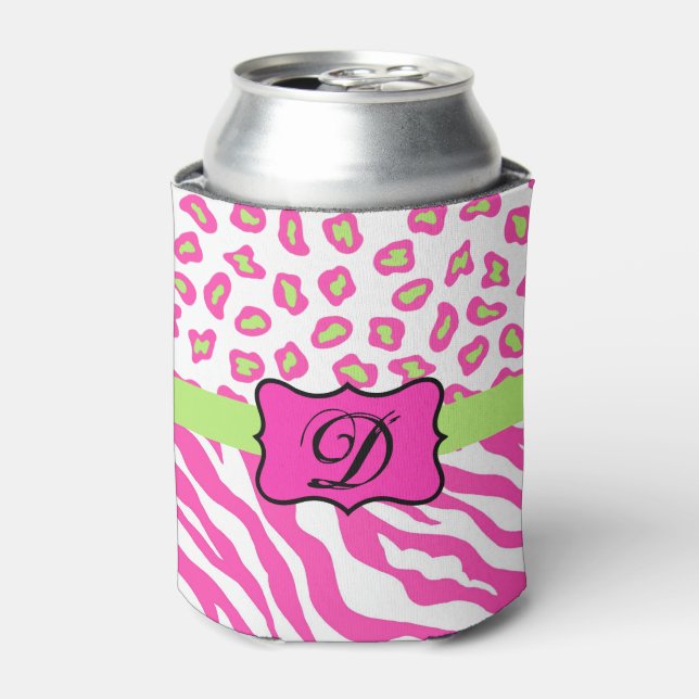 Anfänglich rosa Zebra Leopard Hautmonogramm Dosenkühler (Kanne Vorderseite)