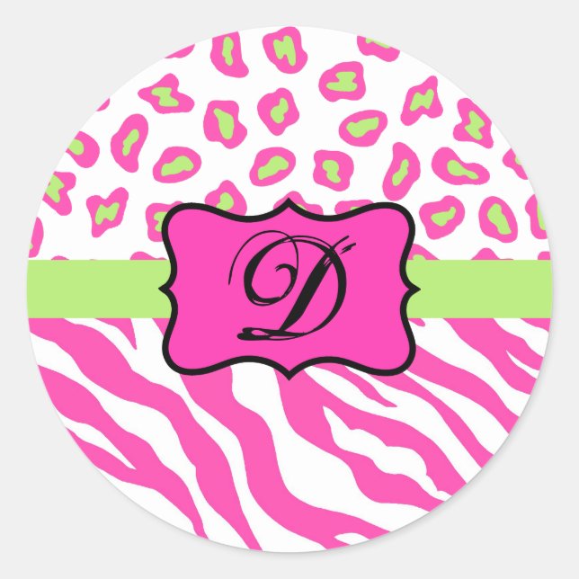 Anfänglich rosa Zebra Leopard Hautmonogramm Runder Aufkleber (Vorderseite)