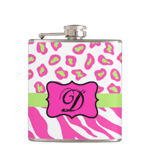 Anfänglich rosa Zebra-Leopard-Monogramm Flachmann