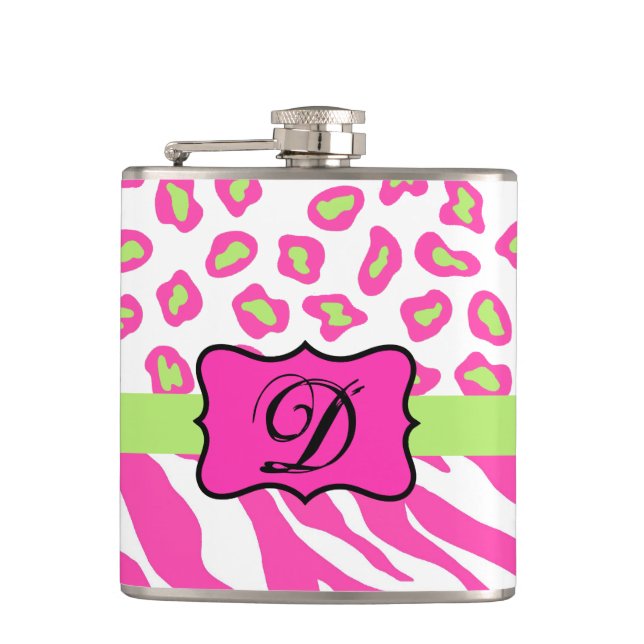 Anfänglich rosa Zebra-Leopard-Monogramm Flachmann (Vorderseite)