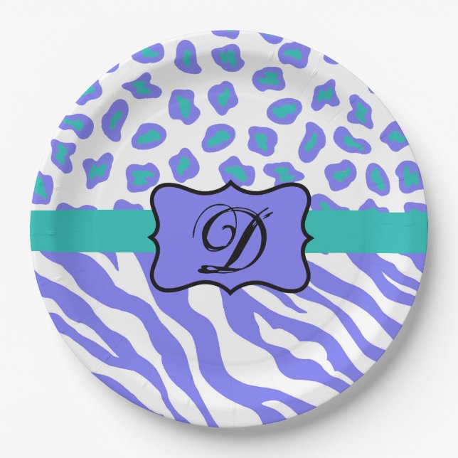 Anfängliche Lava White Zebra Leopard Skin Monogram Pappteller (Vorderseite)