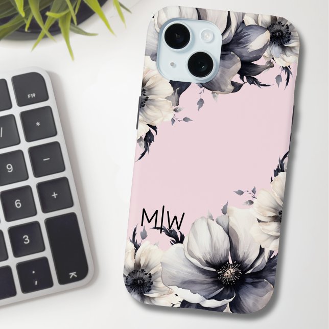 Anfängliche Monogramm Blush Pink Floral Case-Mate iPhone Hülle (Chic Girly Floral Black White Blush Pink Monogram Case-Mate iPhone Case)