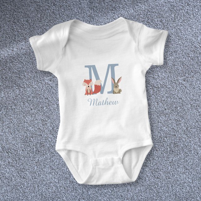 Anfängliche Monogramm für Woodland Animals Blue Ba Baby Strampler (Woodland Animals Blue Baby Boy Initial Monogram Baby Bodysuit)