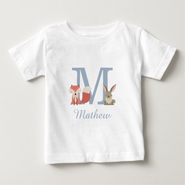 Anfängliche Monogramm für Woodland Animals Blue Ba Baby T-shirt (Vorderseite)