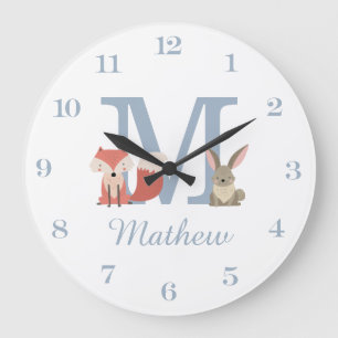 Anfängliche Monogramm für Woodland Animals Blue Ba Große Wanduhr