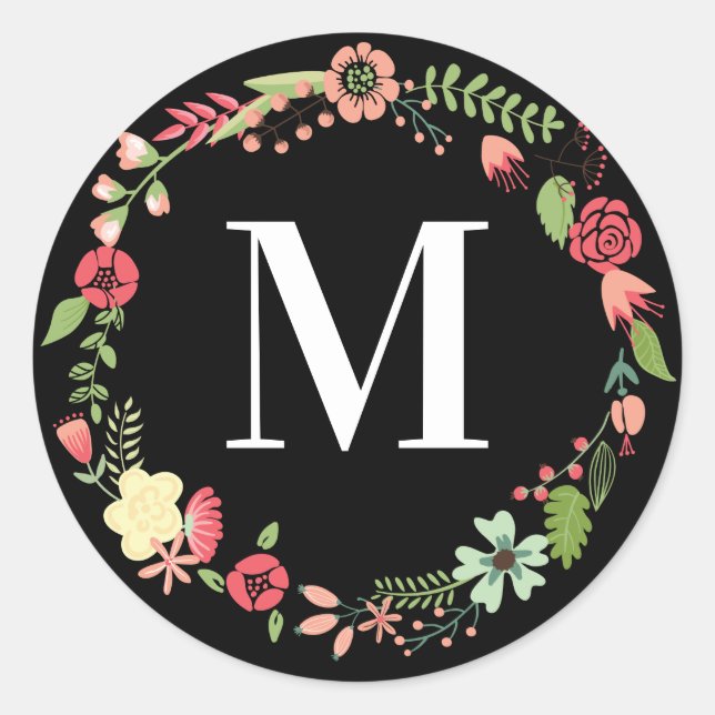 Anfängliche Personalisierung von Blumenkranz Runder Aufkleber (Vorderseite)
