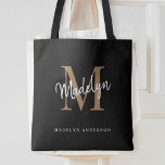 Anfänglicher Name des modernen schwarzen Monogram- Tasche<br><div class="desc">Moderne Black Gold Monogram Script Name Initial Tote Bag.Einfach personalisieren Sie diese moderne elegante Tote Tasche mit Ihrem eigenen Monogramm und Namen.</div>