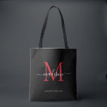 Anfänglicher Name des roten Monogram-Skripts für d Tasche<br><div class="desc">Modernes Schwarzes Burgundy Rotes Monogramm Eleganter Skriptname Initial Tote Bag</div>