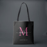 Anfänglicher Name des schwarzen PInk Magenta Monog Tasche<br><div class="desc">Modern Black Hot Pink Magenta Monogram Eleganter Script Name Initial Tote Bag</div>