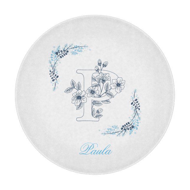 Anfängliches "P" Blaues Monogramm Ruhige Blumen Schneidebrett (Vorderseite)