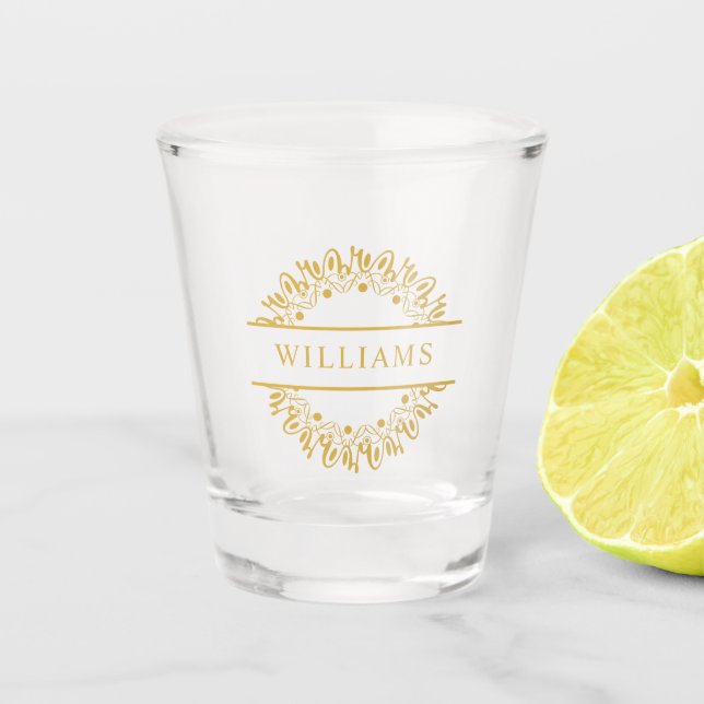 Anfängliches Schwarzes Gold Floral Monogramm anpas Schnapsglas (Vorderseite)