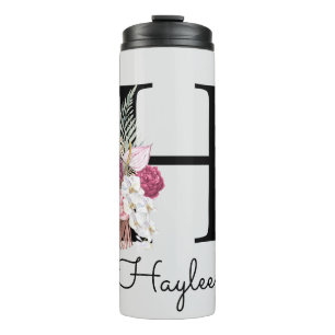 Anfangs-H-Monogramm Rosa Boho-Blumenmuster Thermosbecher