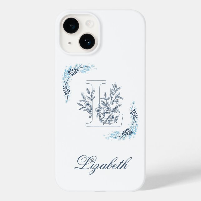 Anfangs "L" Blaues Monogramm Ruhige Blumen Case-Mate iPhone 14 Hülle (Rückseite)