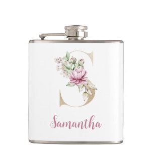 Anfangs-S, Goldener Buchstabe S, Monogramm S, Rosa Flachmann